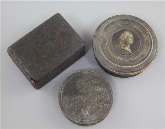 Two 19th century French pressed horn snuff boxes, 3.75in.